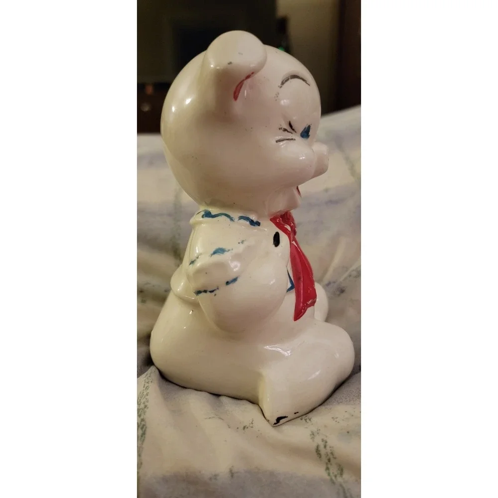 Vintage Lefton Bisque Pottery Ceramic PORCELAIN Pig Piggy Bank RED Bow tie
